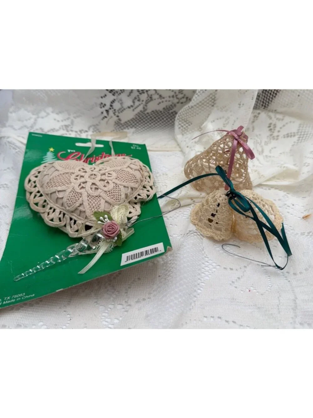 Vintage Lace Heart & Crochet Bell Christmas Ornaments Glass Icicle Accent Set Of